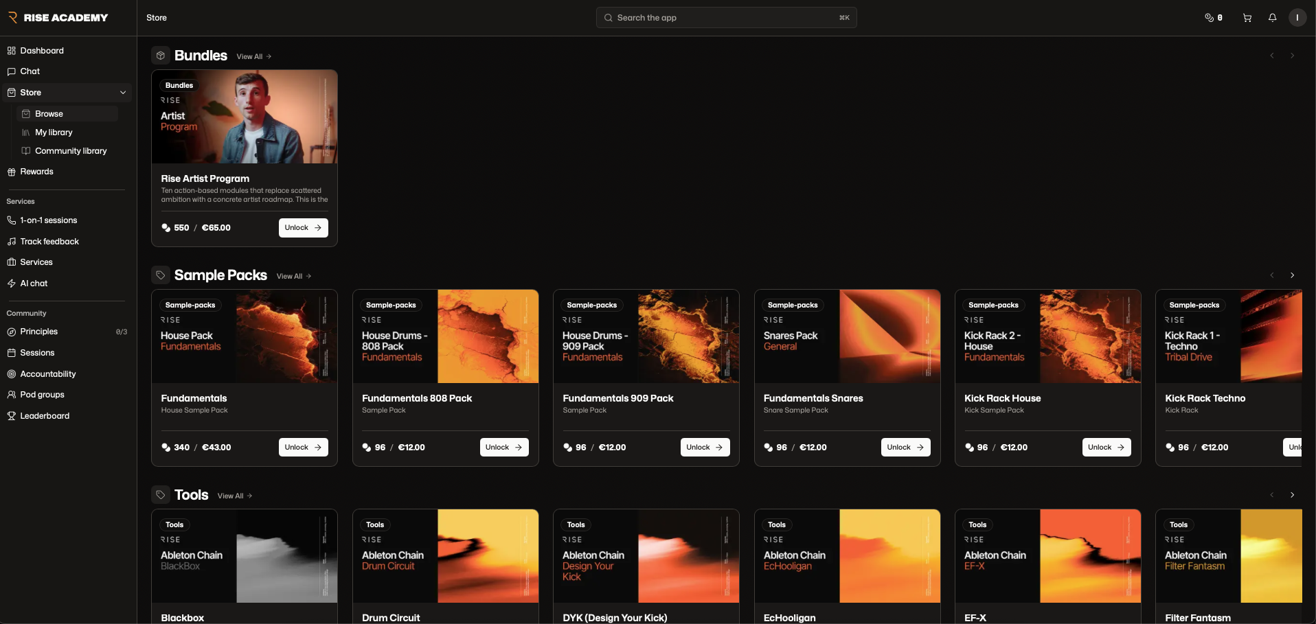 Rise platform store with bundles, sample packs and tools